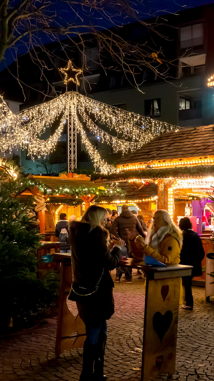 Festive Christmas market with food stalls