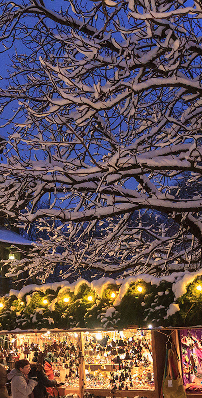 Snowy Christmas market with festive lights
