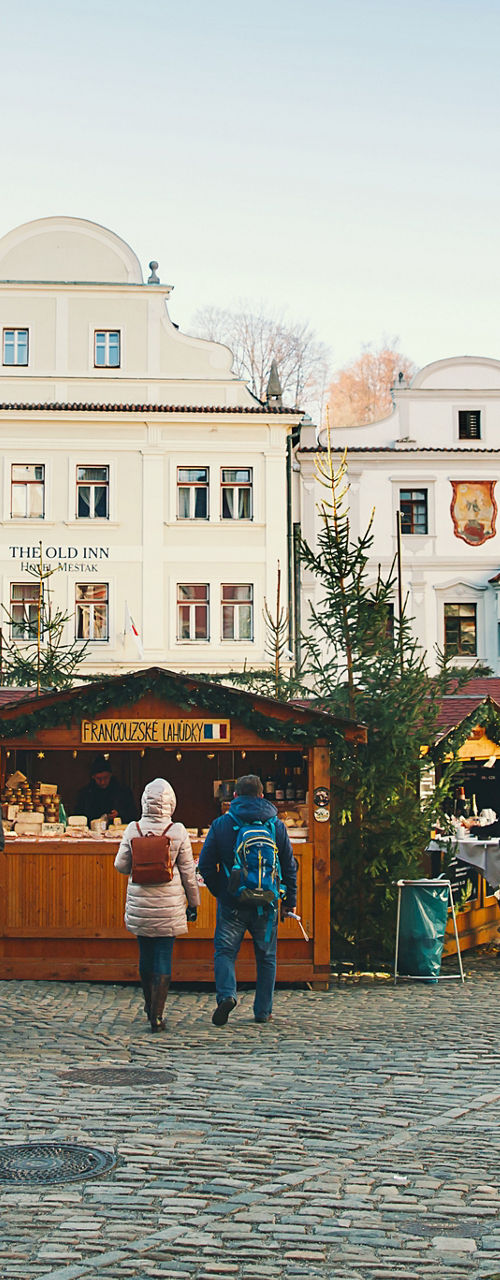 Festive European town square with market stalls