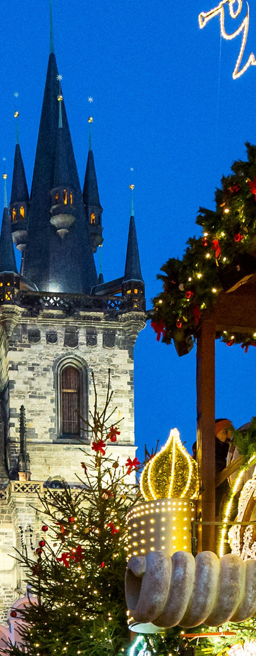 Festive Christmas market with lit decorations