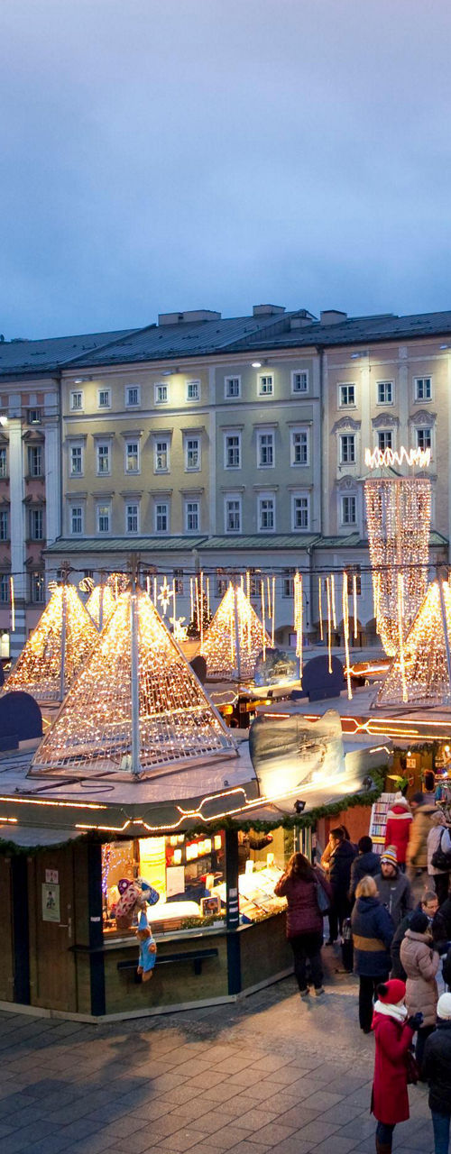 Festive Christmas market with lights and tree