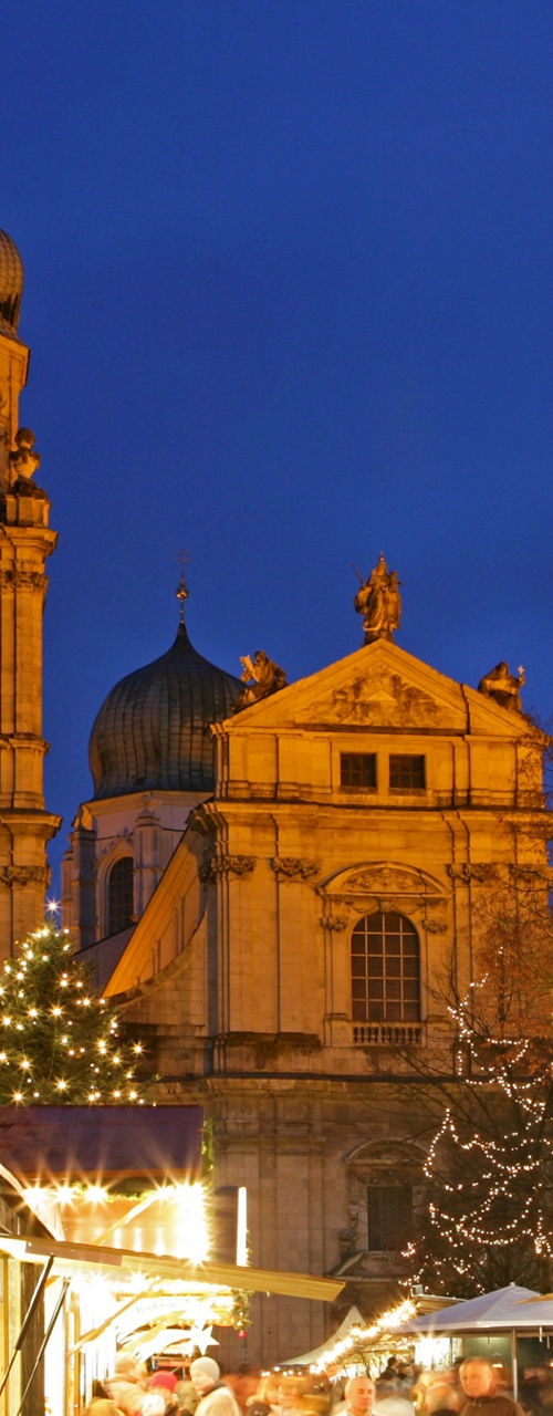 Festive Christmas market with illuminated stalls