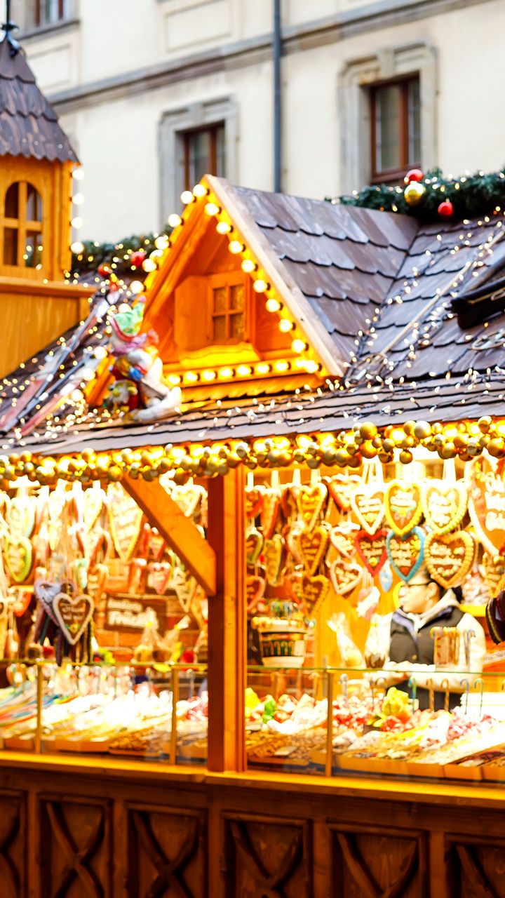 Festive Christmas market stall with decorations