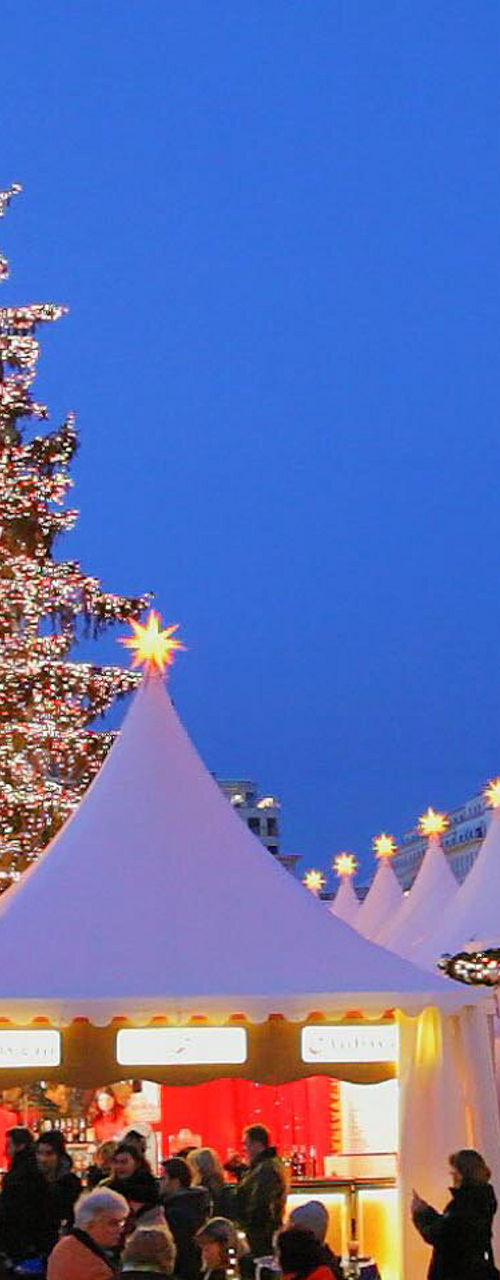 Festive Christmas market with illuminated tree