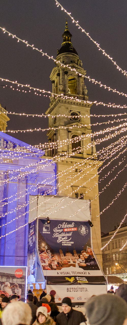 Festive Christmas Market with Illuminated Basilica