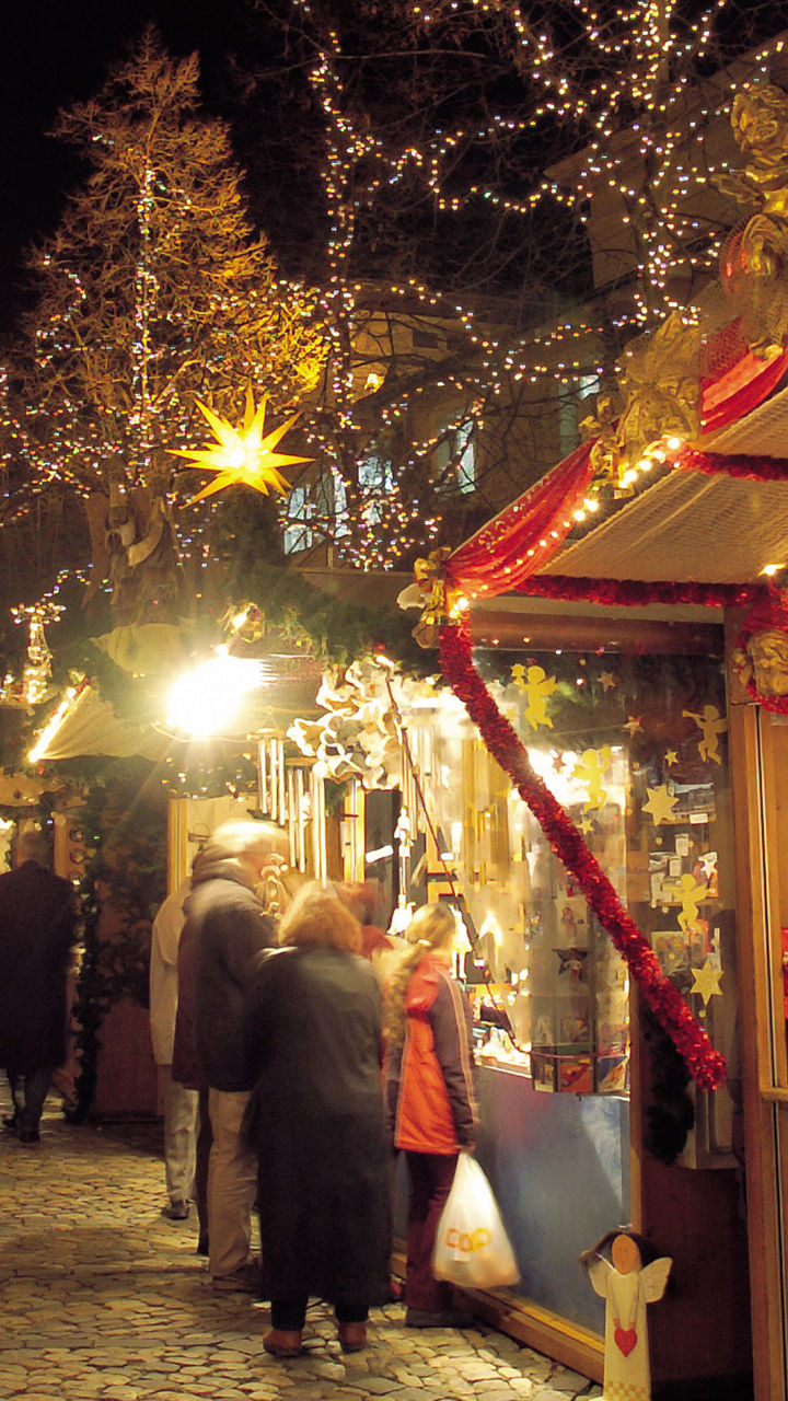 Festive Christmas market with glowing decorations