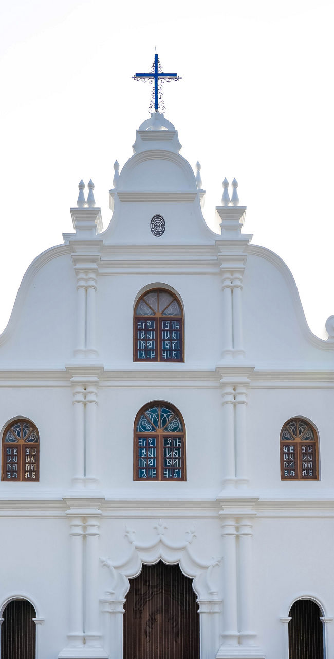 White historic church with palm trees