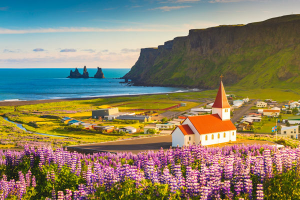 Scenic Icelandic Village with Church