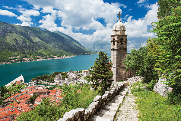 Historic stone tower overlooking scenic bay