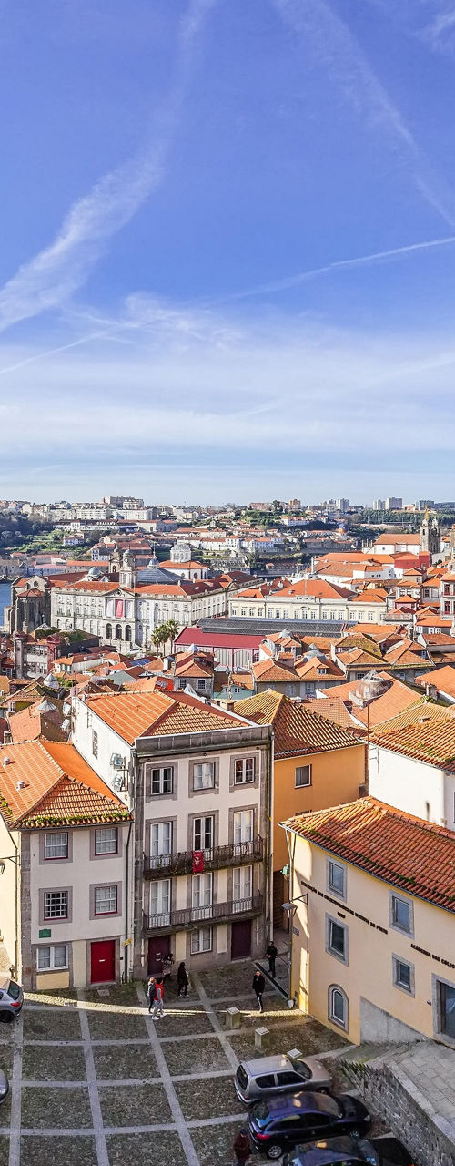 Historic cityscape with church and rooftops