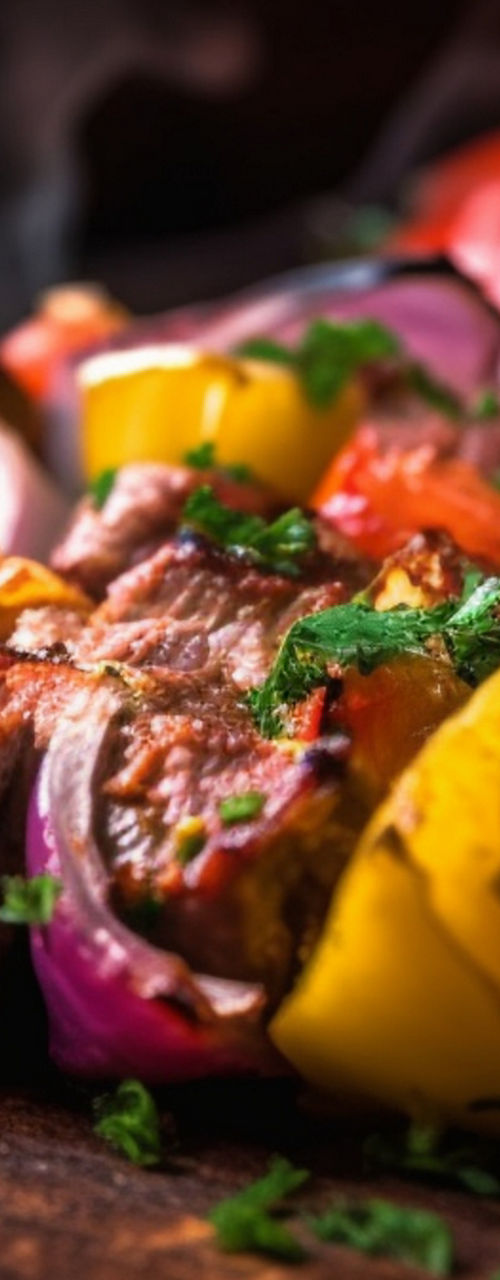 Grilled meat skewers with vegetables