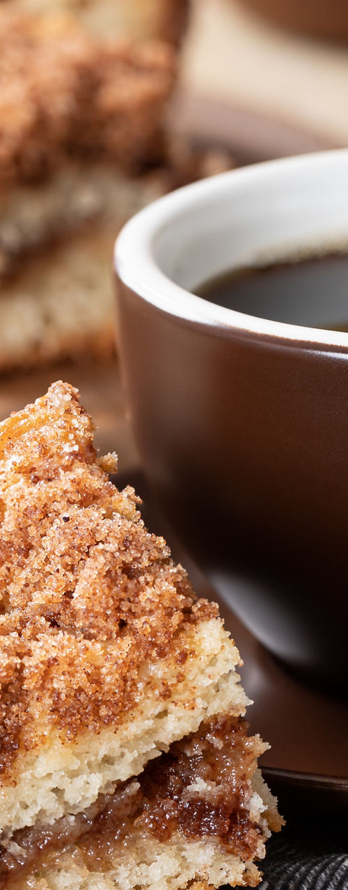 Coffee with cinnamon crumb cake slices