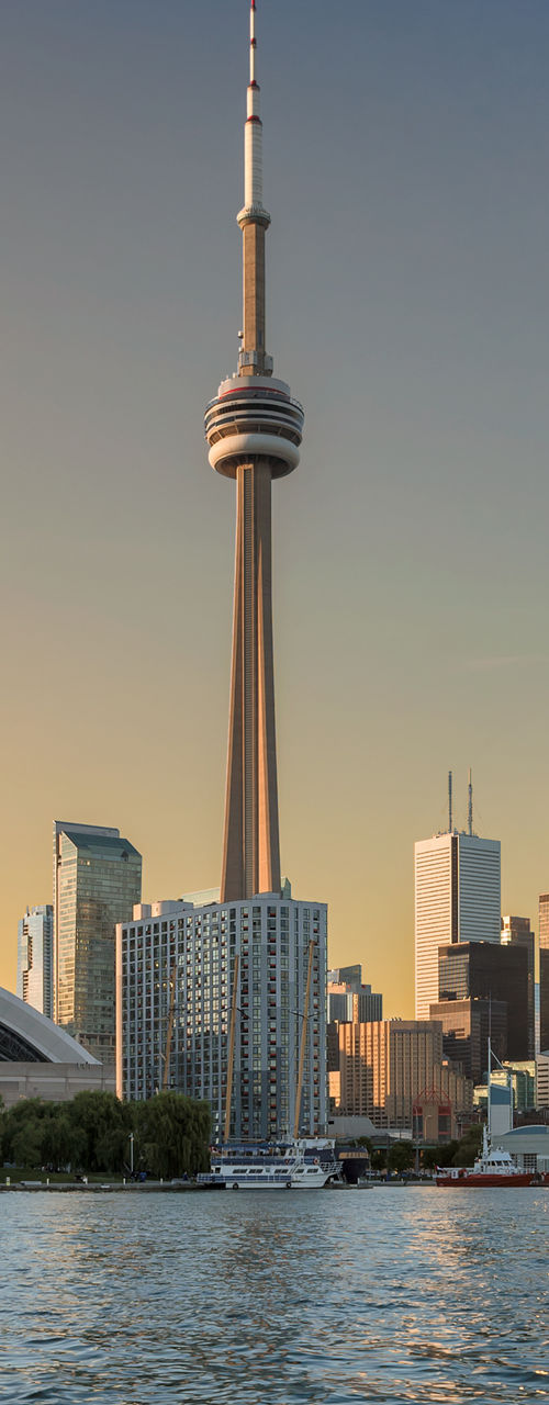 Toronto skyline at sunset with CN Tower