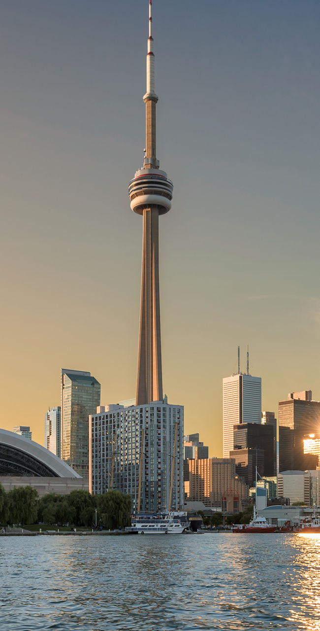 Toronto skyline at sunset with CN Tower