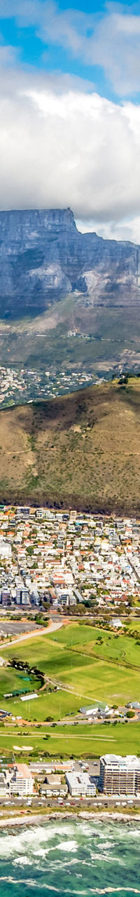 Aerial view of Cape Town coastline and Table Mountain