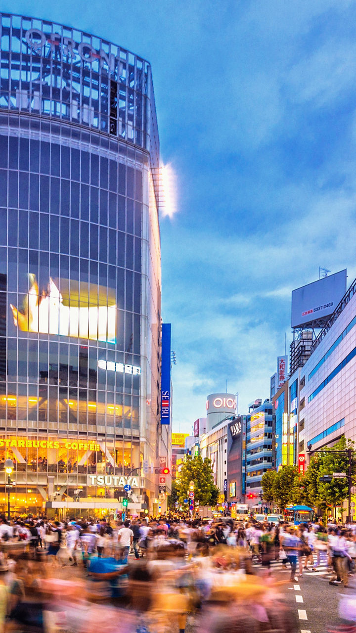Bustling Shibuya Crossing at dusk, Tokyo