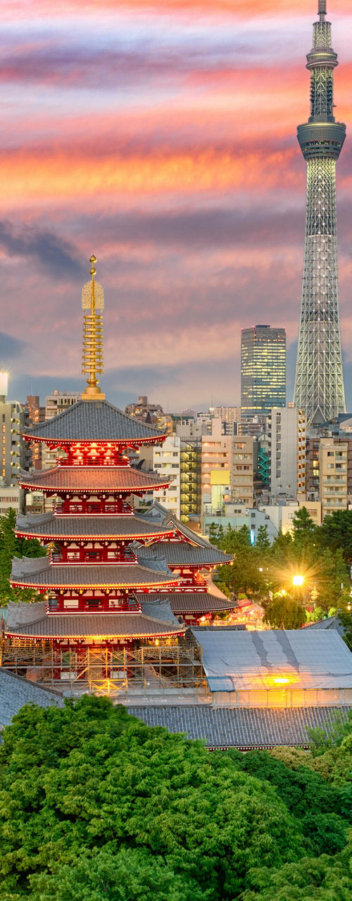 Tokyo skyline with Senso-ji and Skytree at sunset