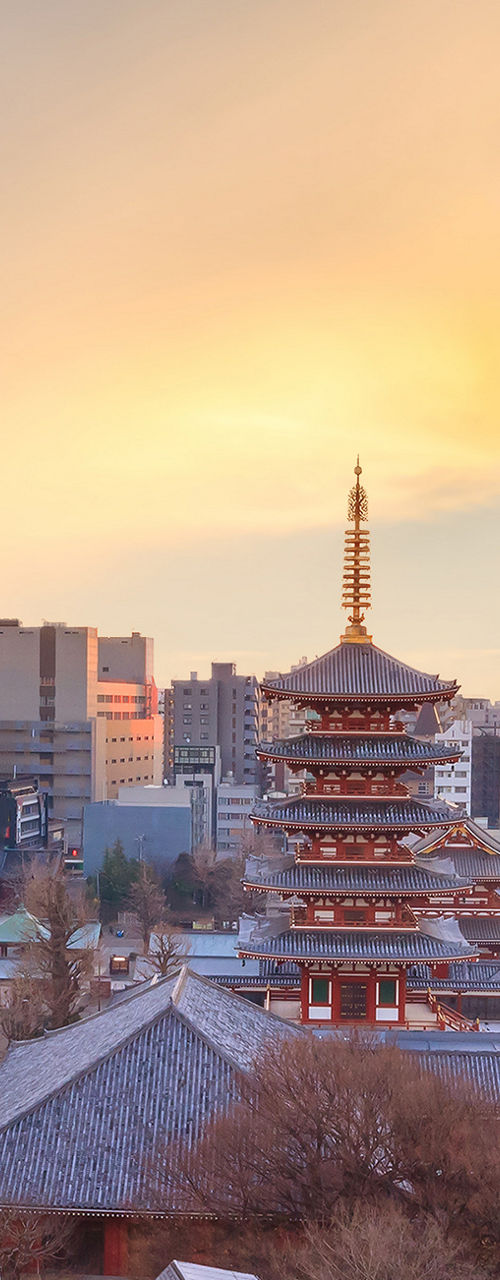 Tokyo skyline with Senso-ji and Skytree at sunset