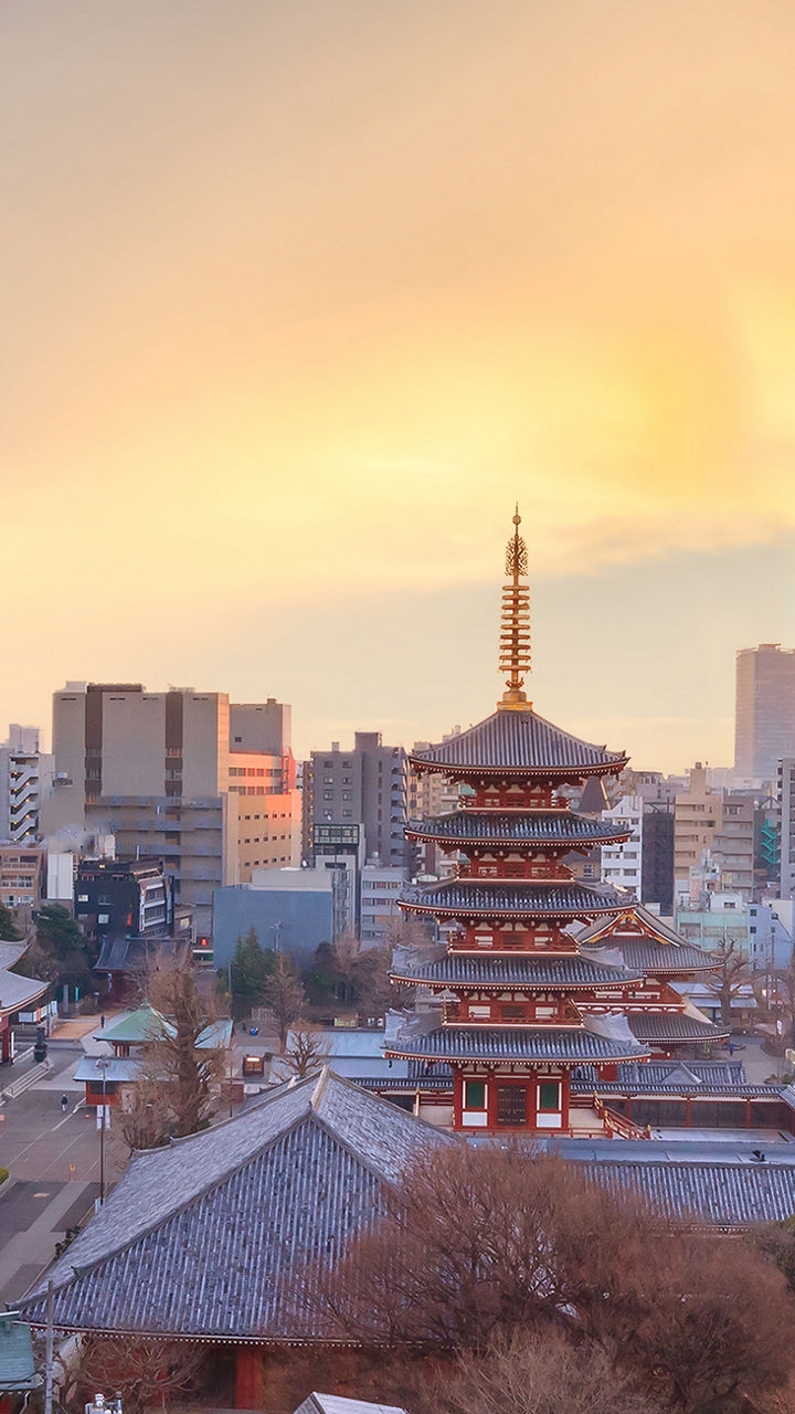 Tokyo skyline with Senso-ji and Skytree at sunset