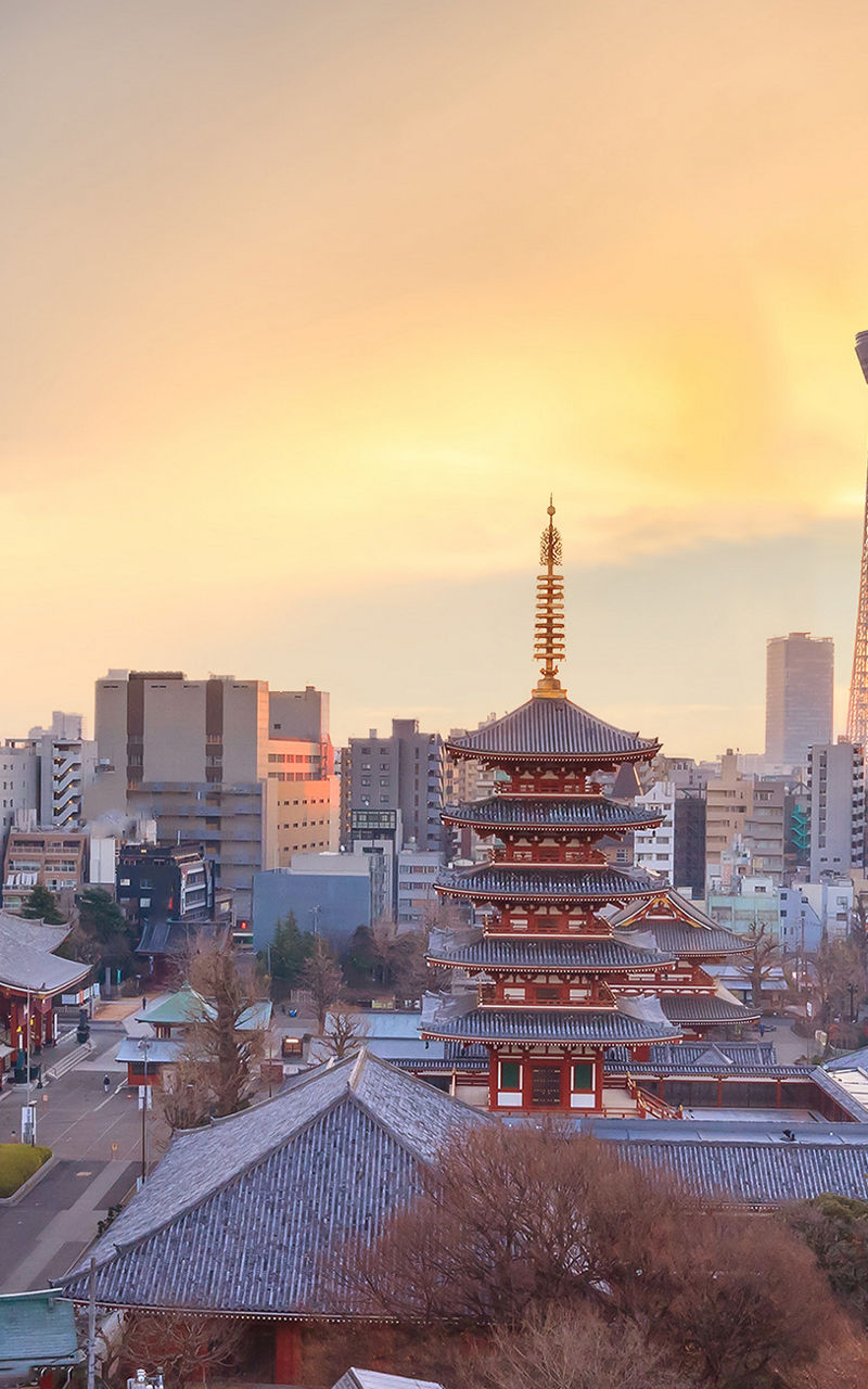 Tokyo skyline with Senso-ji and Skytree at sunset