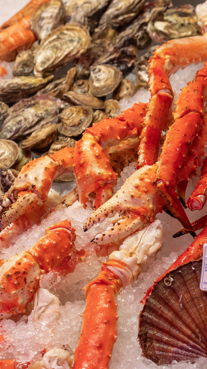 Fresh seafood display with crab and shellfish