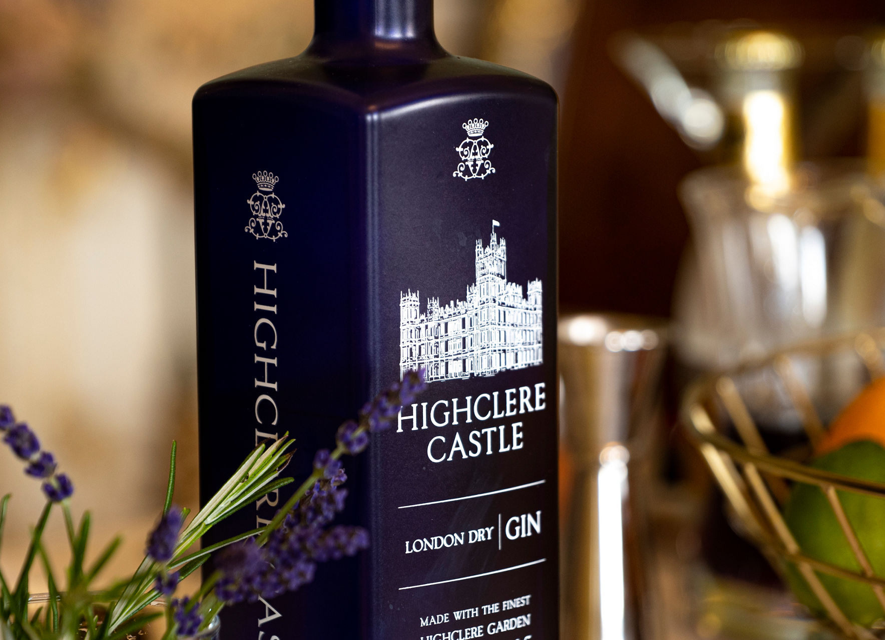 Highclere Castle London Dry Gin bottle on table