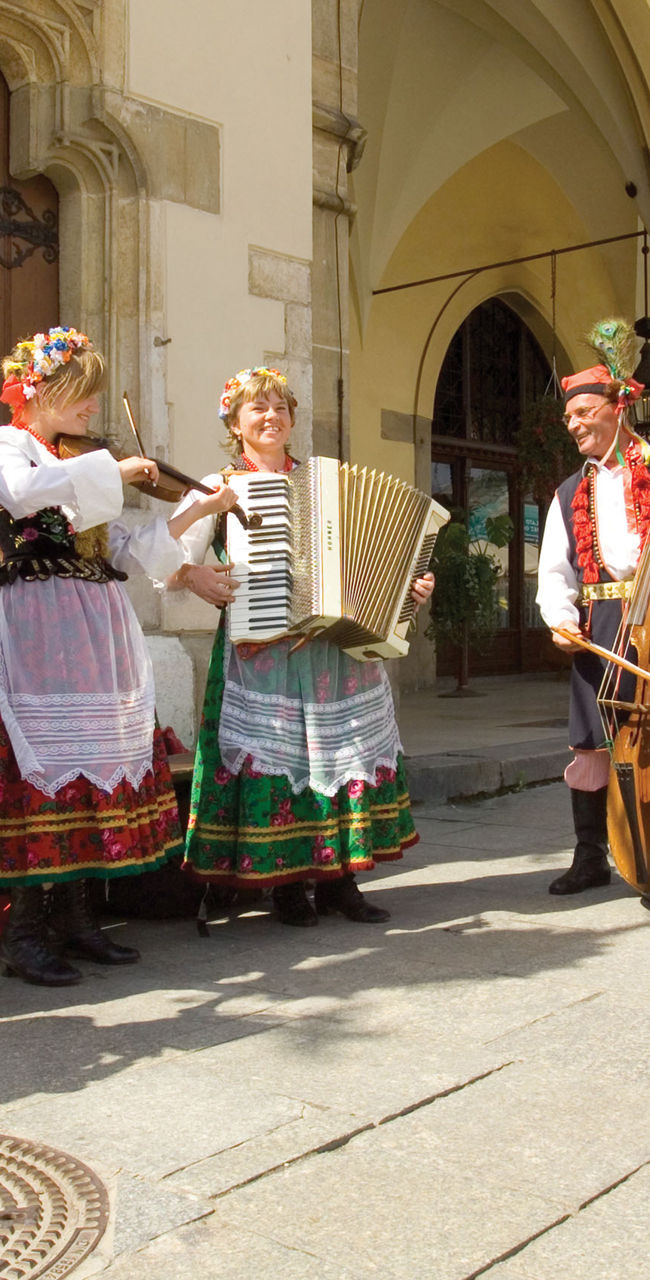 Traditional musicians performing in historic square