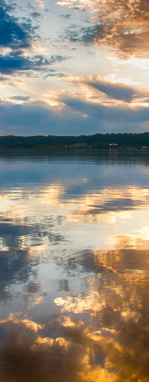 Vivid sunset over calm reflective lake