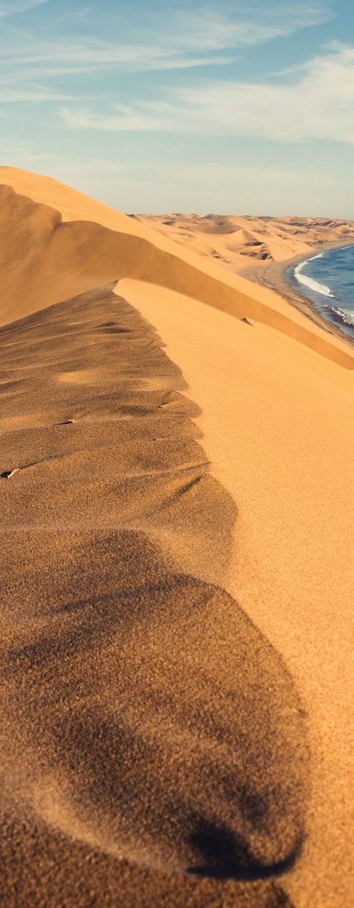 Golden desert dunes meet ocean horizon