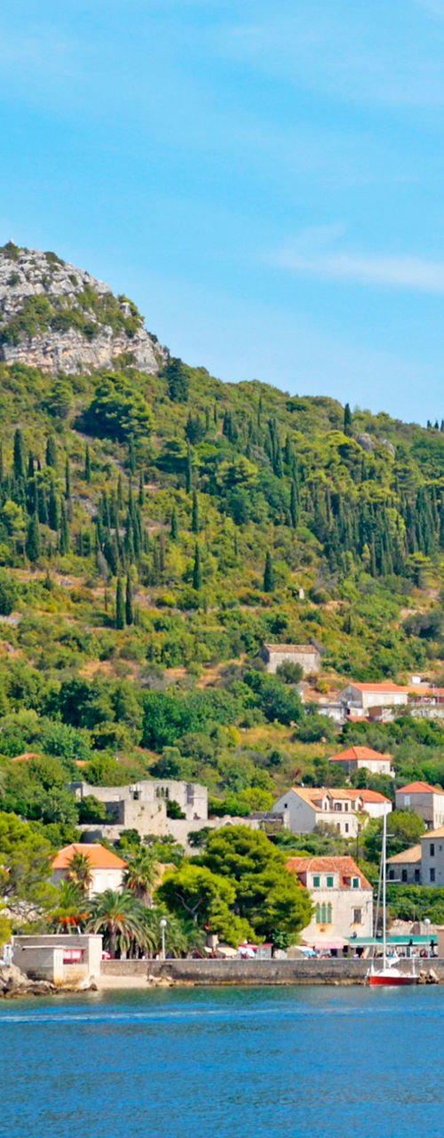 Coastal village with hillside and church