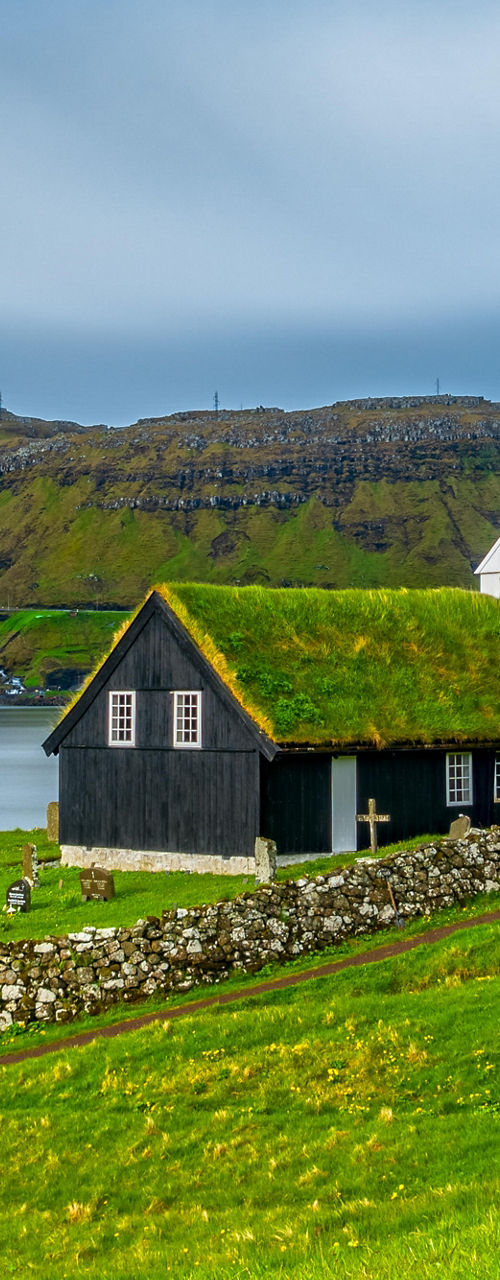 Scenic Nordic church with grass roof