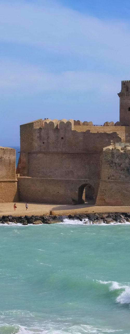 Historic seaside castle with ocean waves