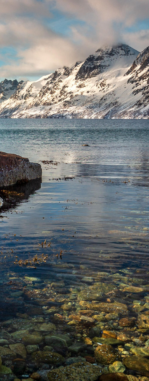 Scenic winter fjord with rocky shoreline
