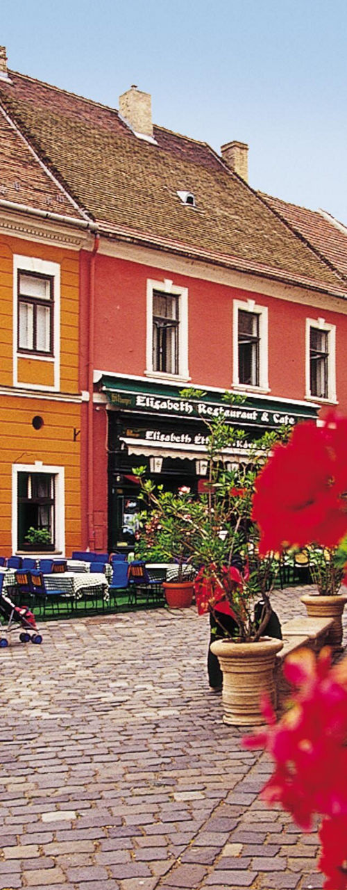 Colorful street with Korona restaurant