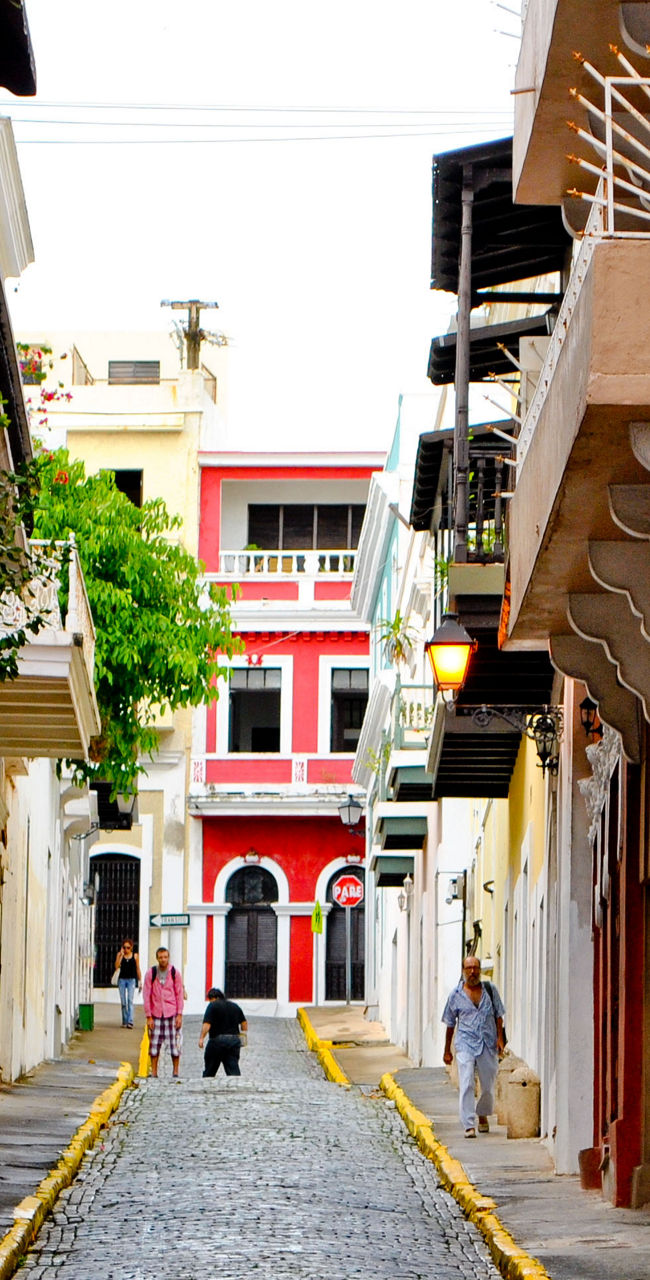 Colorful cobblestone street in urban setting