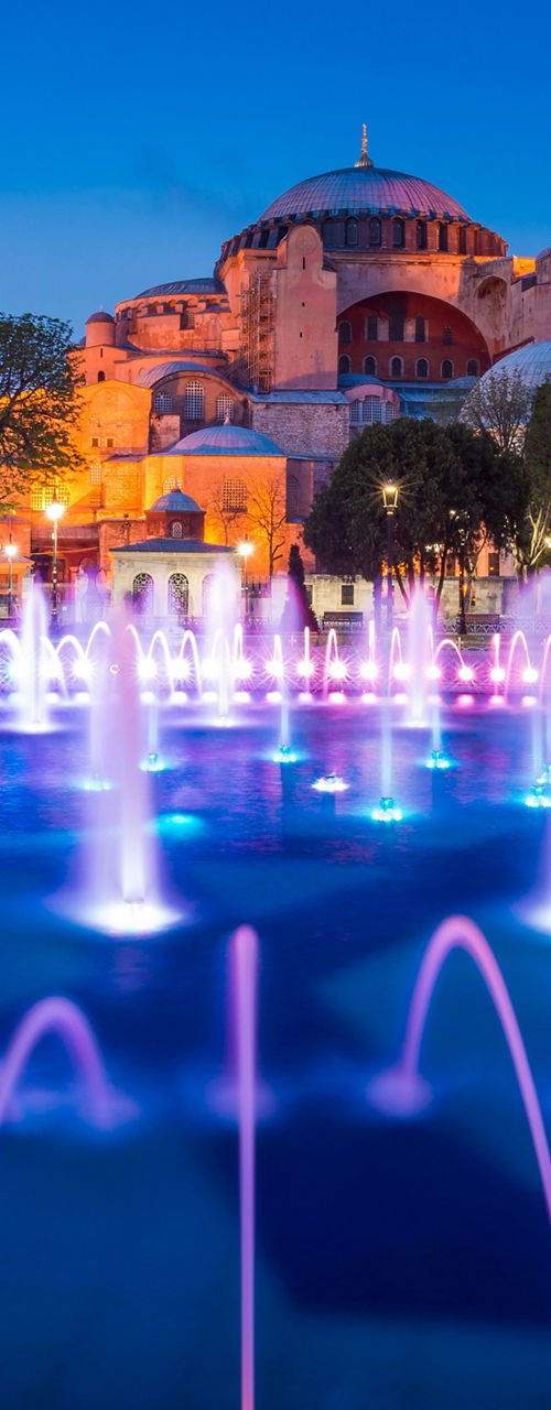 Hagia Sophia with illuminated fountain at night