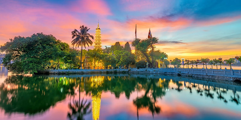 Tran Quoc Pagoda at sunset with reflection