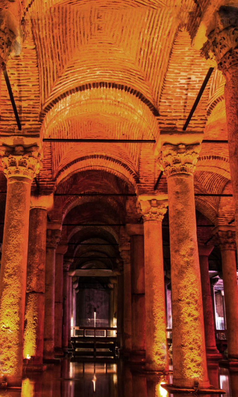 Ancient underground cistern with illuminated columns