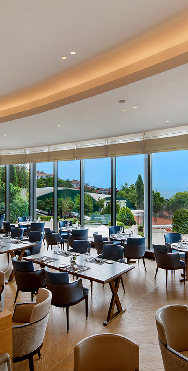 Modern restaurant with panoramic city views