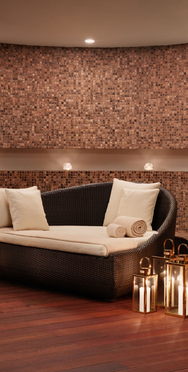 Elegant spa lounge with warm lighting