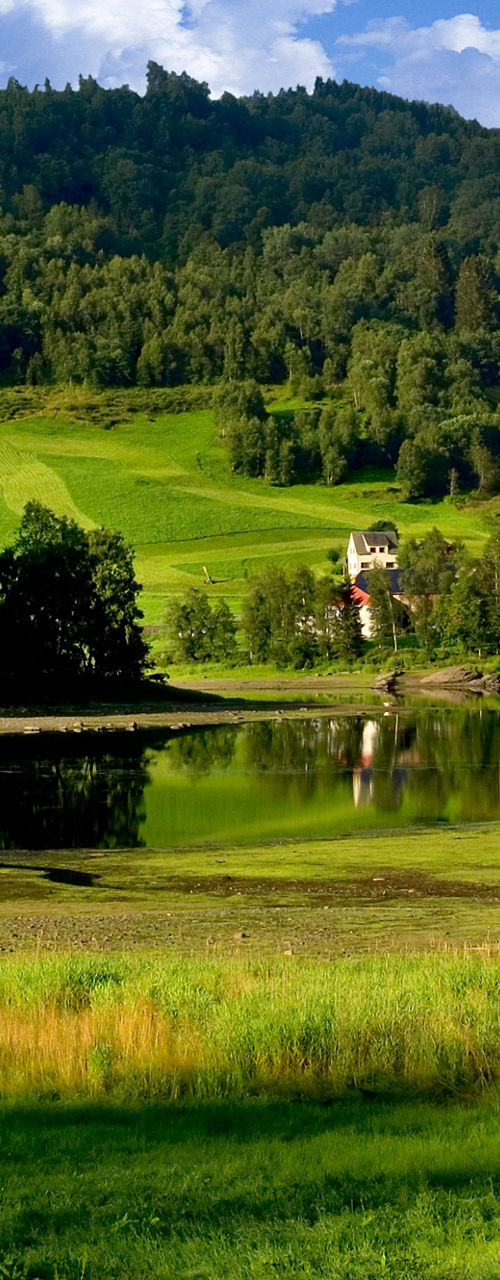 Scenic countryside with lake and hills