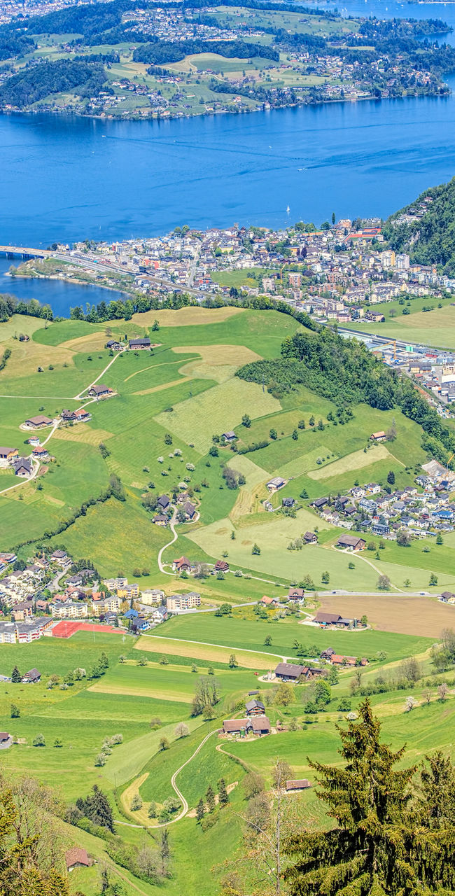 Scenic view of Swiss countryside and lake