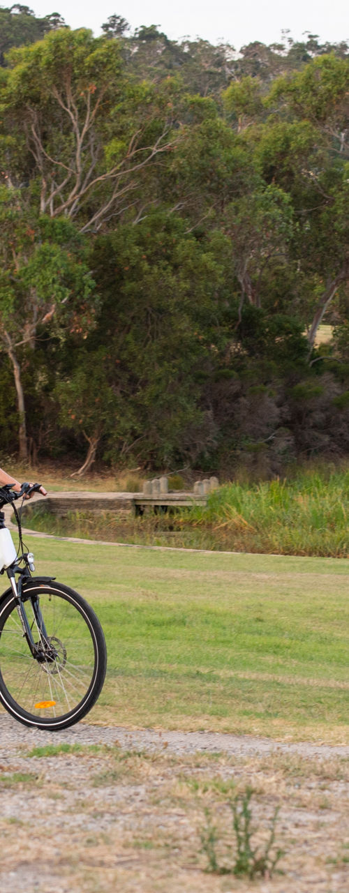 Couple riding bicycles through grassy park
