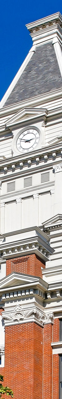Historic courthouse with yellow ribbon display