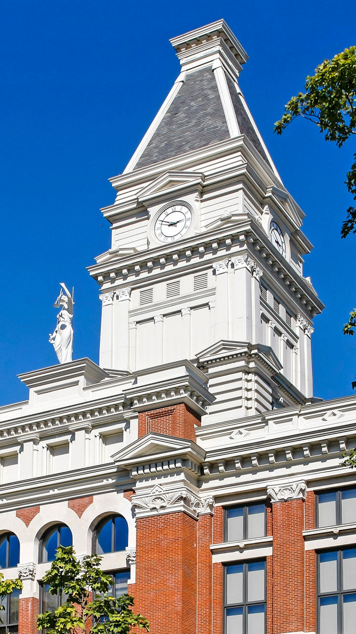 Historic courthouse with yellow ribbon display
