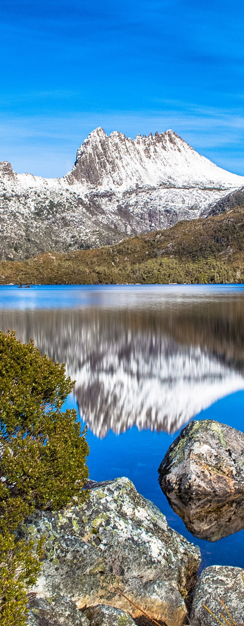 Snow-capped mountain reflected in serene lake