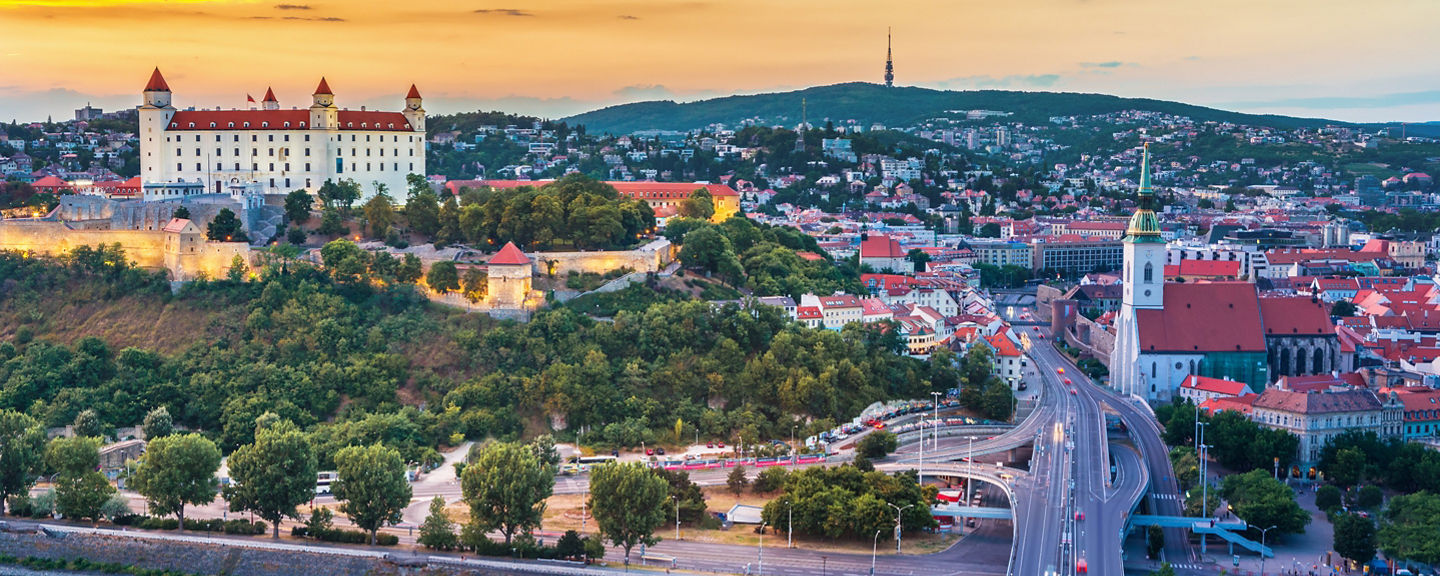 Bratislava cityscape with castle at sunset