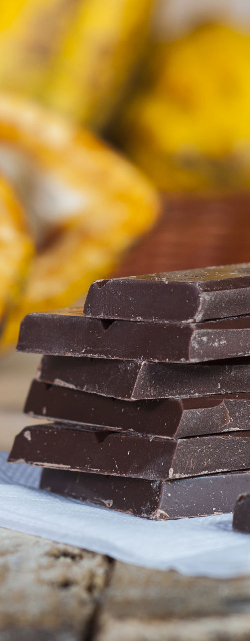 Stacked dark chocolate with cacao pods