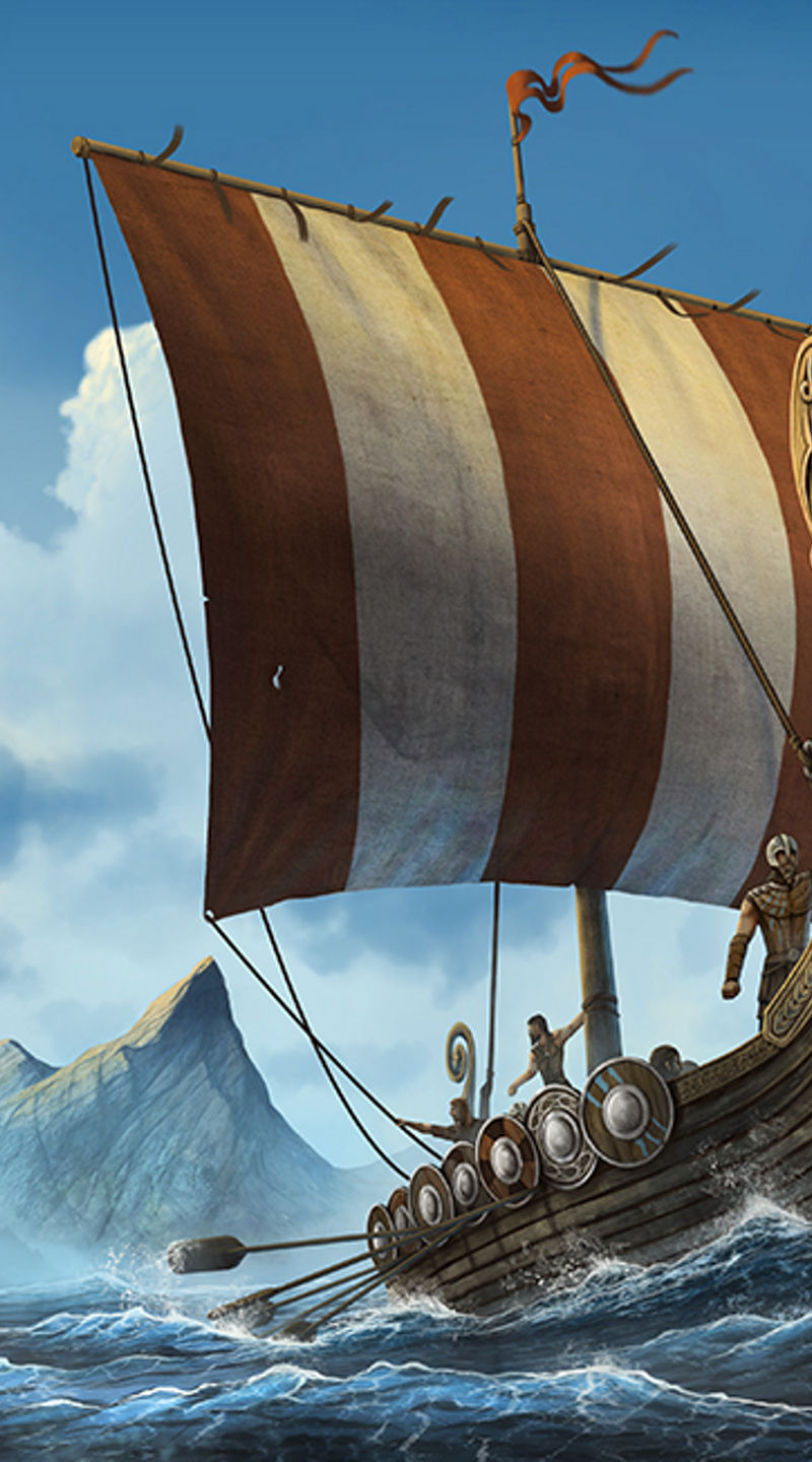 Viking ship sailing through rocky fjord