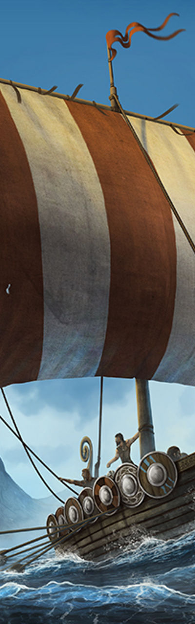 Viking ship sailing through rocky fjord